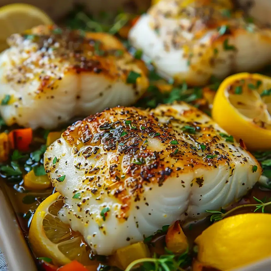 Filets de poisson cuisinés avec des herbes, des légumes et des tranches de citron.