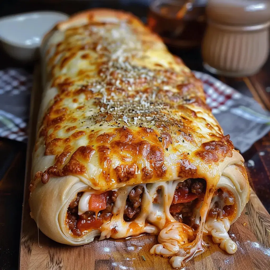 Un long rouleau de pain farci de viande hachée, de légumes et de fromage fondu, avec une croûte dorée et croustillante.