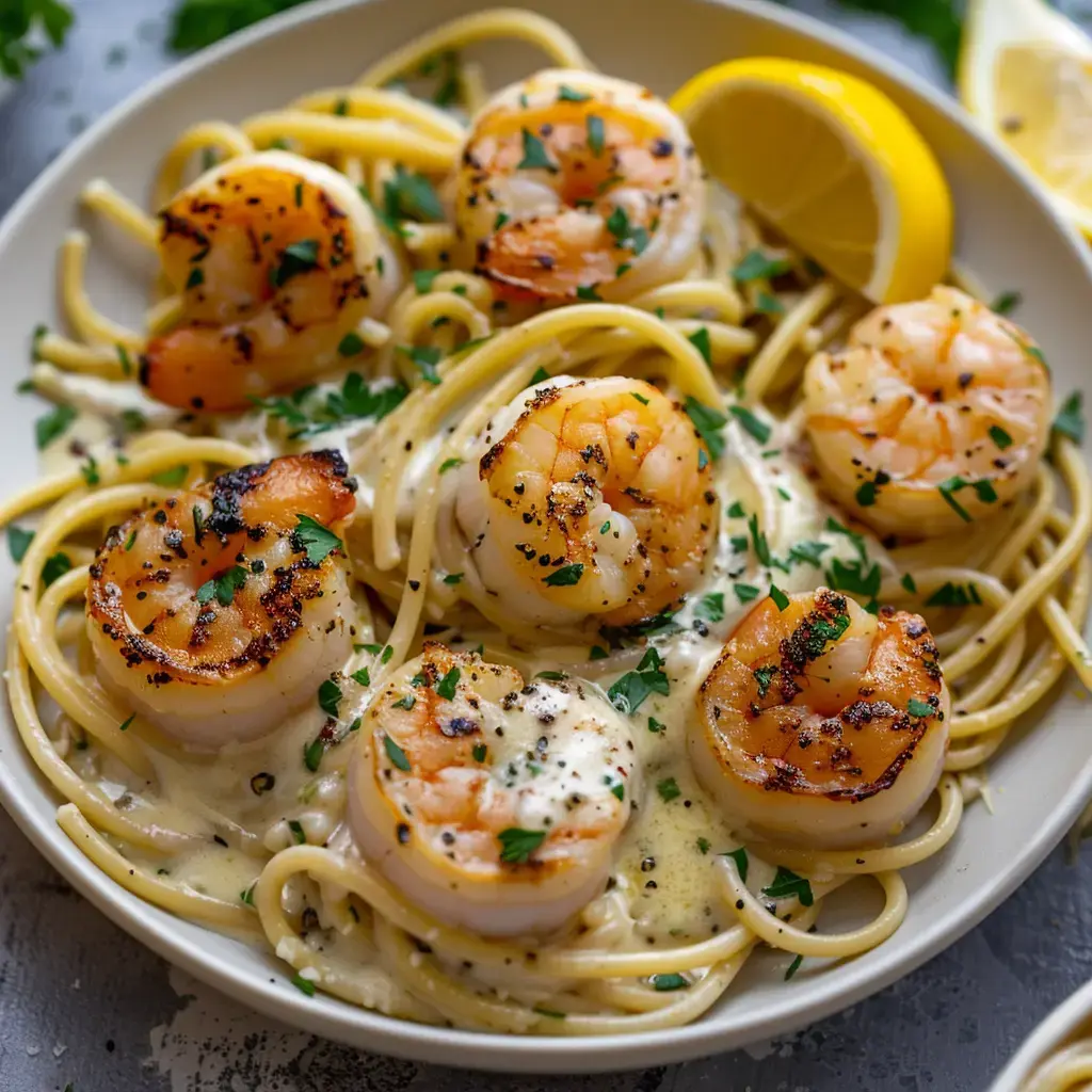 Un plat de pâtes aux crevettes grillées, garni de persil frais et de quartiers de citron.