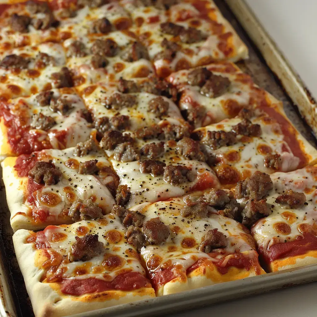 Une pizza carrée garnie de tomates, de fromage fondant et de morceaux de viande hachée.