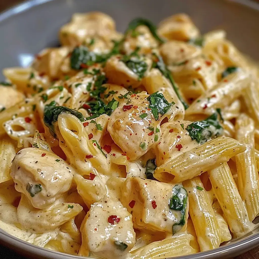 Pâtes crémeuses avec du poulet, des épinards et des herbes, garnies de flocons de piment.