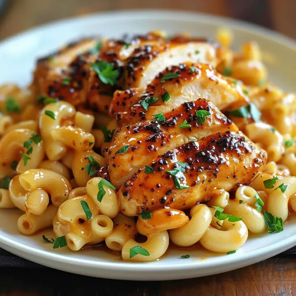 Un plat de pâtes en forme de coudes accompagné de morceaux de poulet grillé, le tout garni de persil frais.