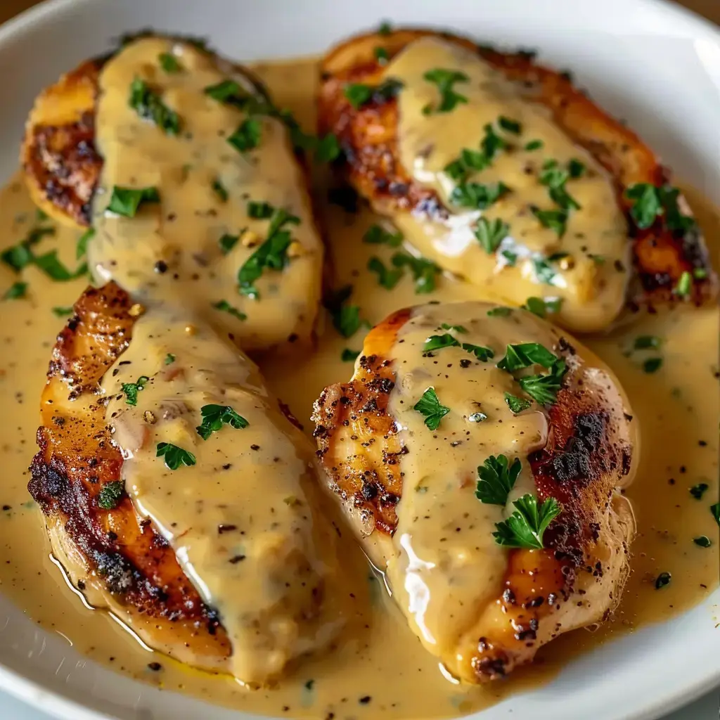 Des filets de poulet grillés nappés d'une sauce crémeuse et garnis de persil frais.