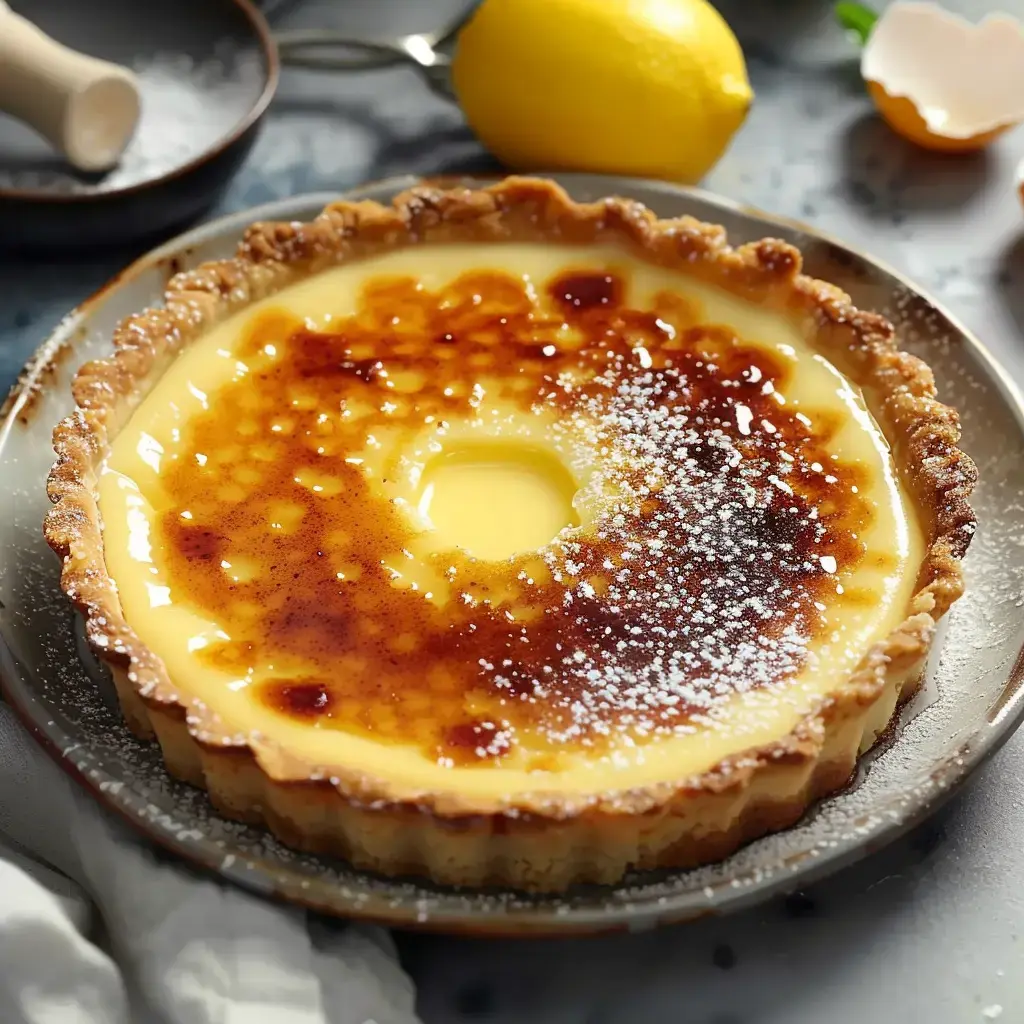 Tarte au citron avec une croûte dorée et un traitement caramélisé sur le dessus, accompagnée d'un citron et d'une coquille d'œuf.