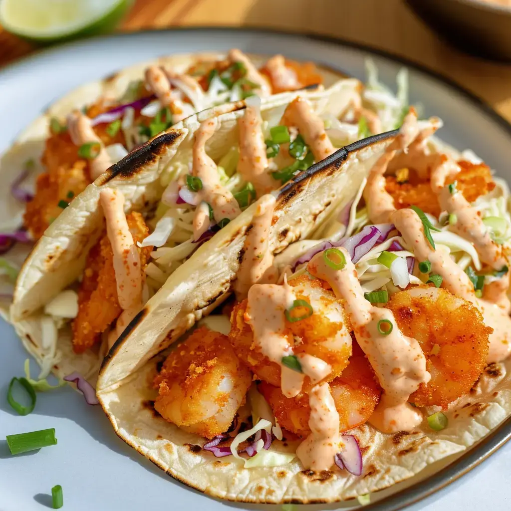 Tacos garnis de crevettes panées, chou et sauce épicée sur une assiette.