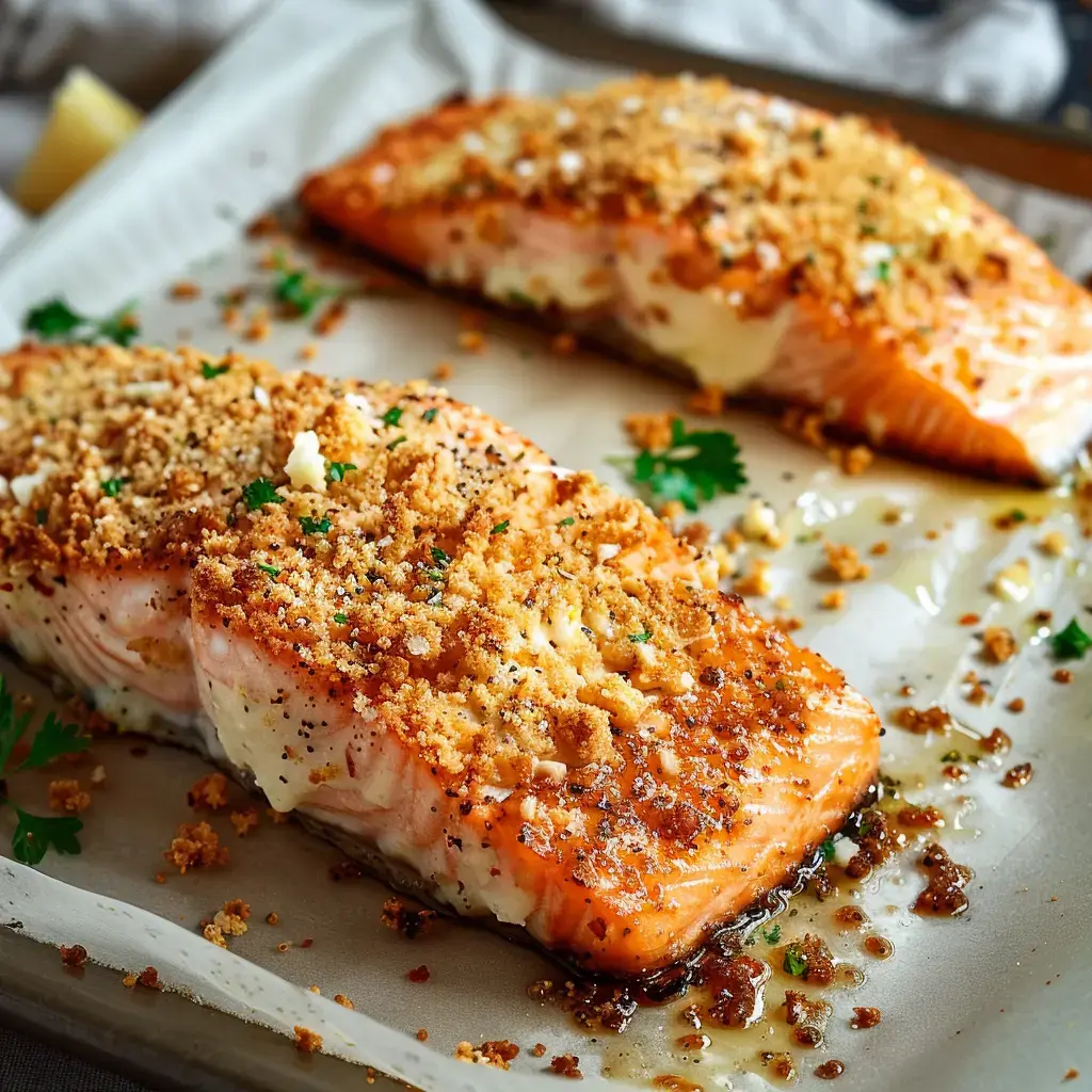 Deux filets de saumon garnis de chapelure dorée et parsemés de persil, présentés sur une assiette.