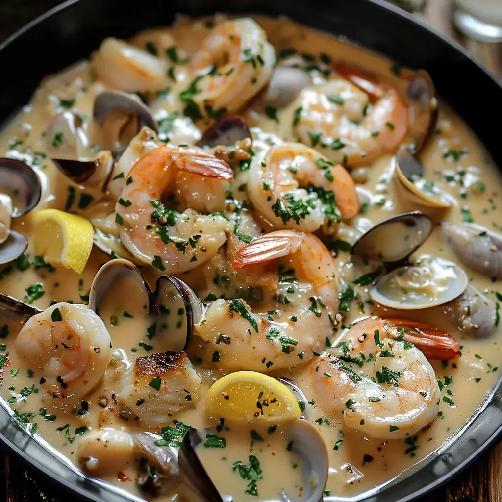 Un plat de fruits de mer avec des crevettes et des palourdes dans une sauce crémeuse, garni de persil et de quartiers de citron.