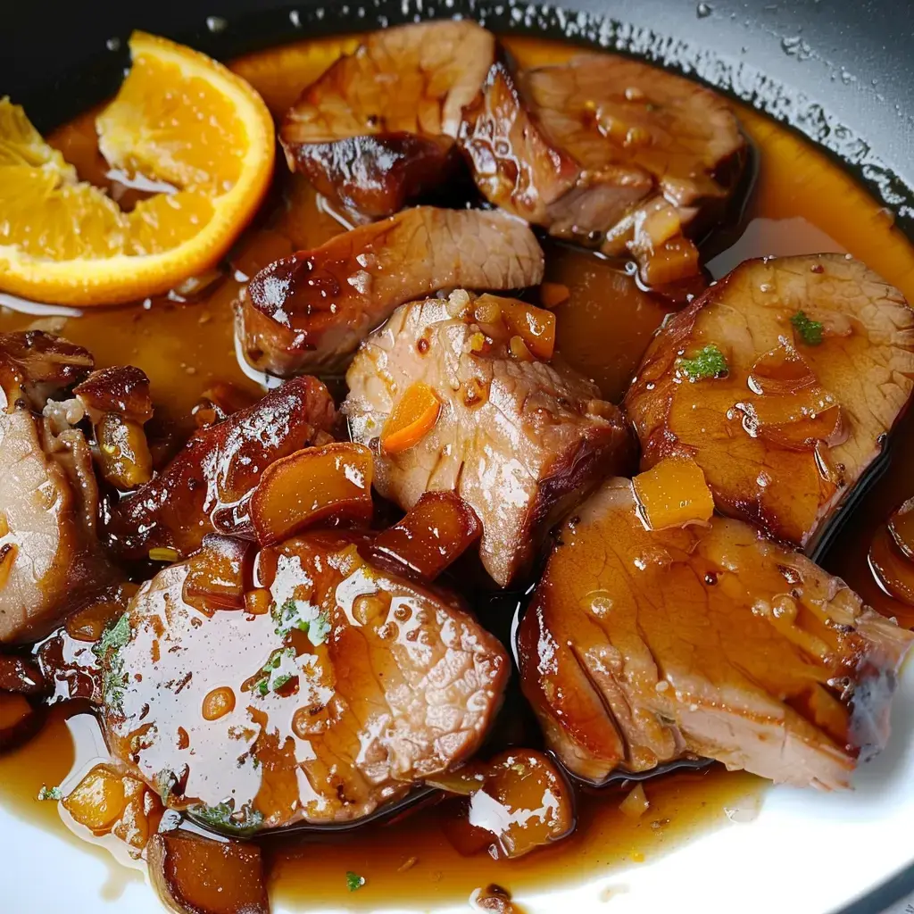 Des morceaux de viande tendre dans une sauce savoureuse, accompagnés d'une tranche d'orange.