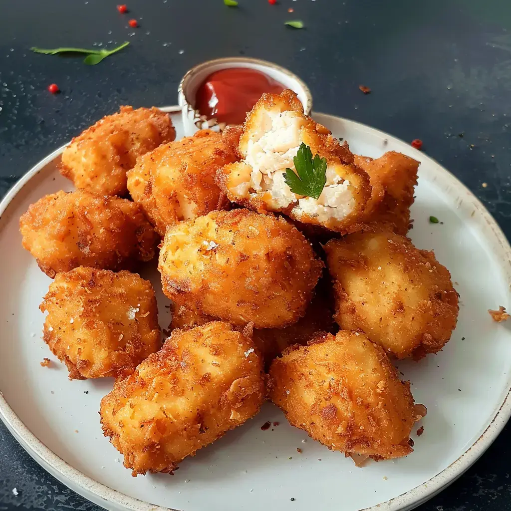 Assiette de croquettes dorées, accompagnées d'un petit bol de ketchup, avec une croquette coupée montrant sa garniture.