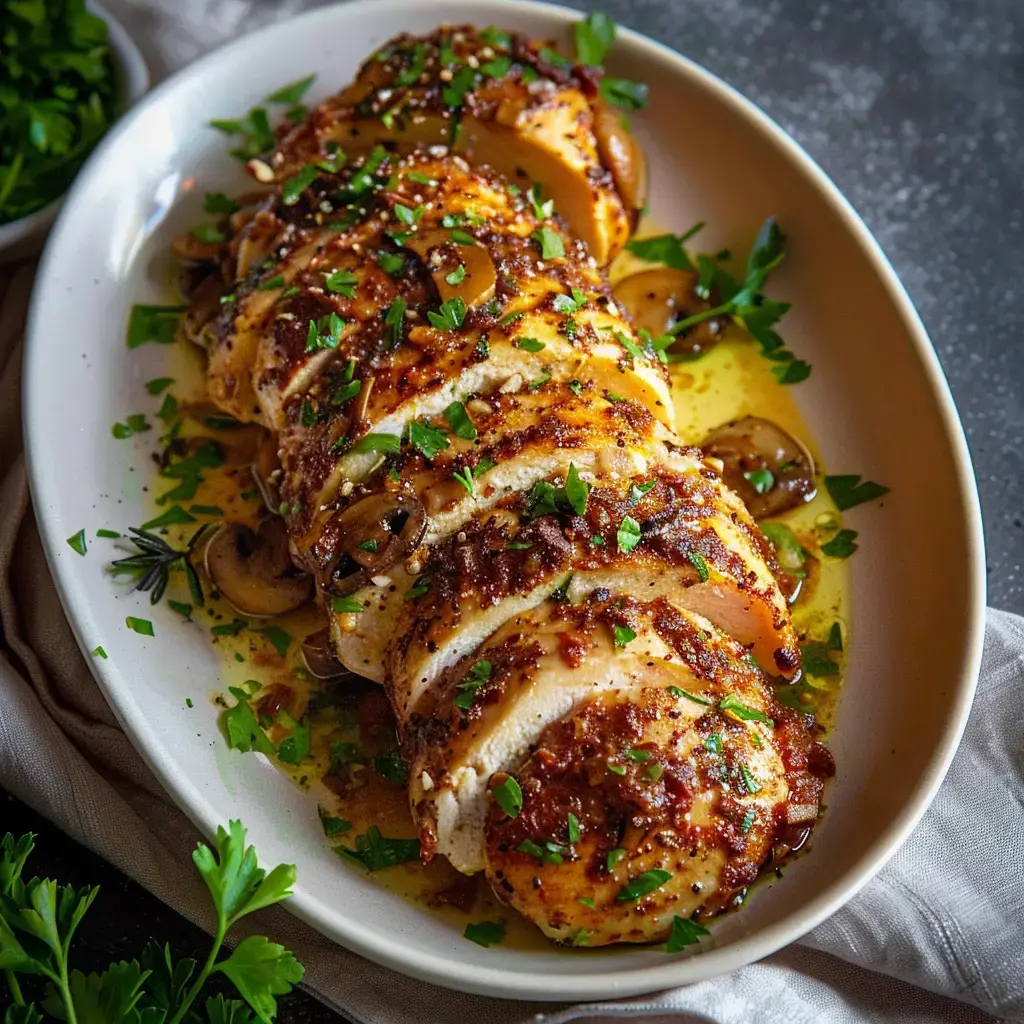 Un plat de poulet rôti tranché, garni de champignons et d'herbes fraîches, servi avec une sauce dorée.