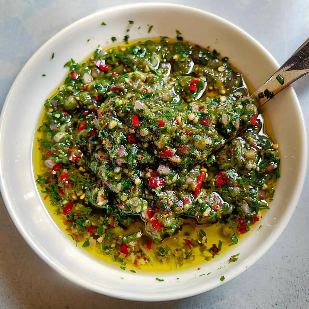 Une assiette de sauce verte à base d'herbes fraîches, d'oignons et de piments, avec une texture épaisse et une huile d'olive visible.