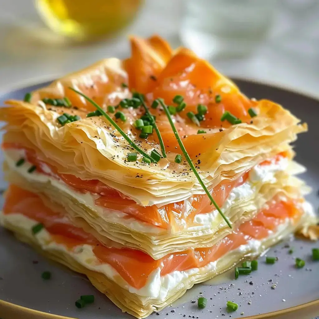 Une assiette de lasagne au saumon et à la crème, garnie de ciboulette et de poivre, présentée en couches de pâte feuilletée.