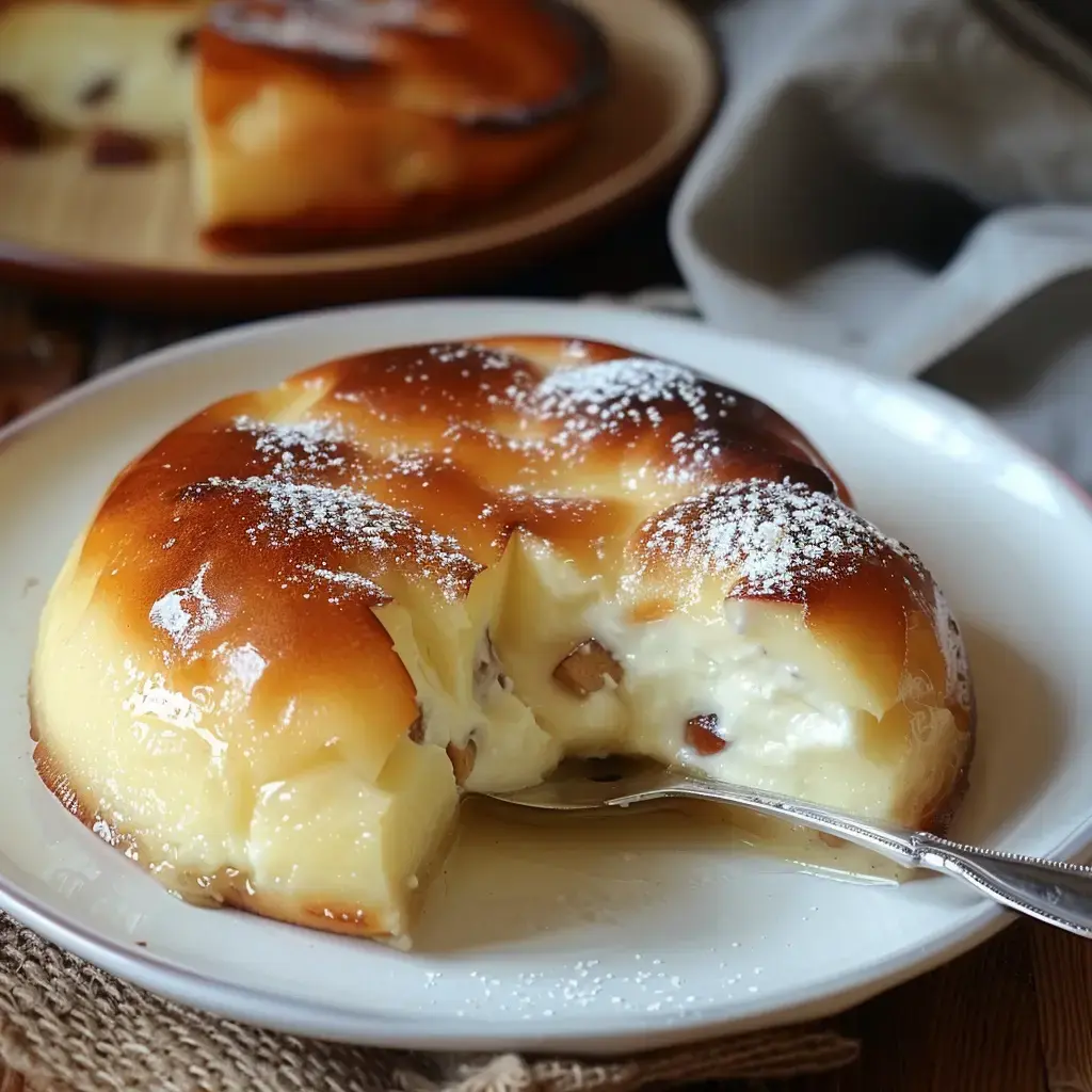 Un dessert crémeux, légèrement doré, saupoudré de sucre glace, avec une portion déjà servie.