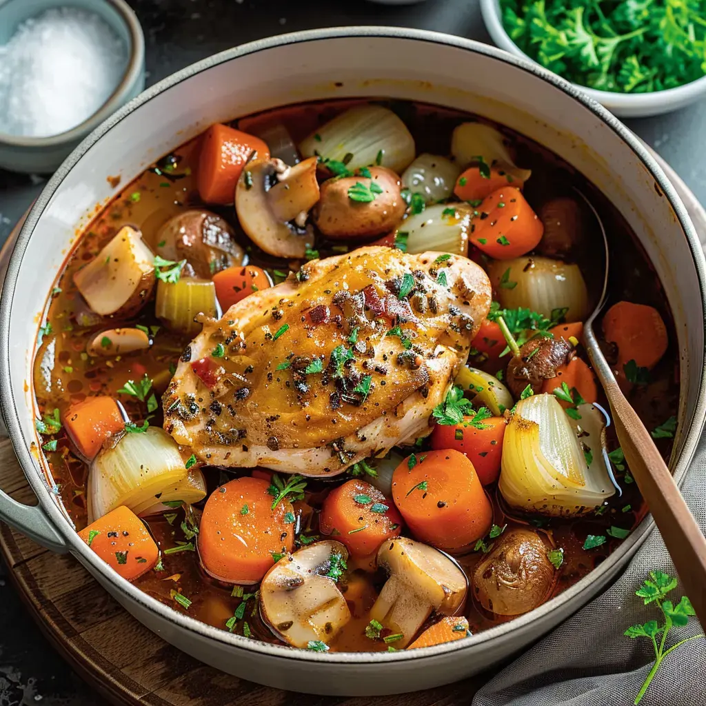 Un plat de poulet mijoté avec des carottes, des oignons, des champignons et des herbes fraîches dans une grande casserole.