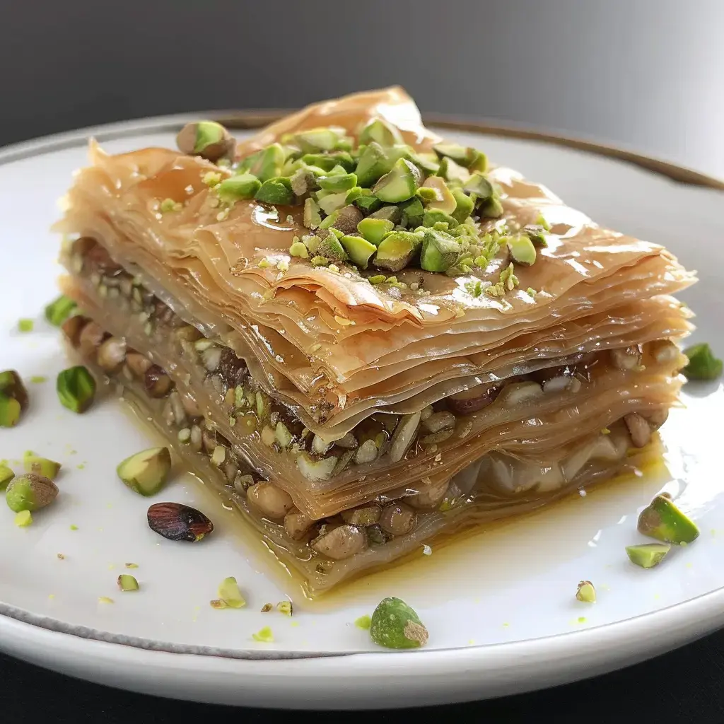 Un dessert à base de pâte filo, garni de noix et de pistaches, arrosé de sirop sucré.