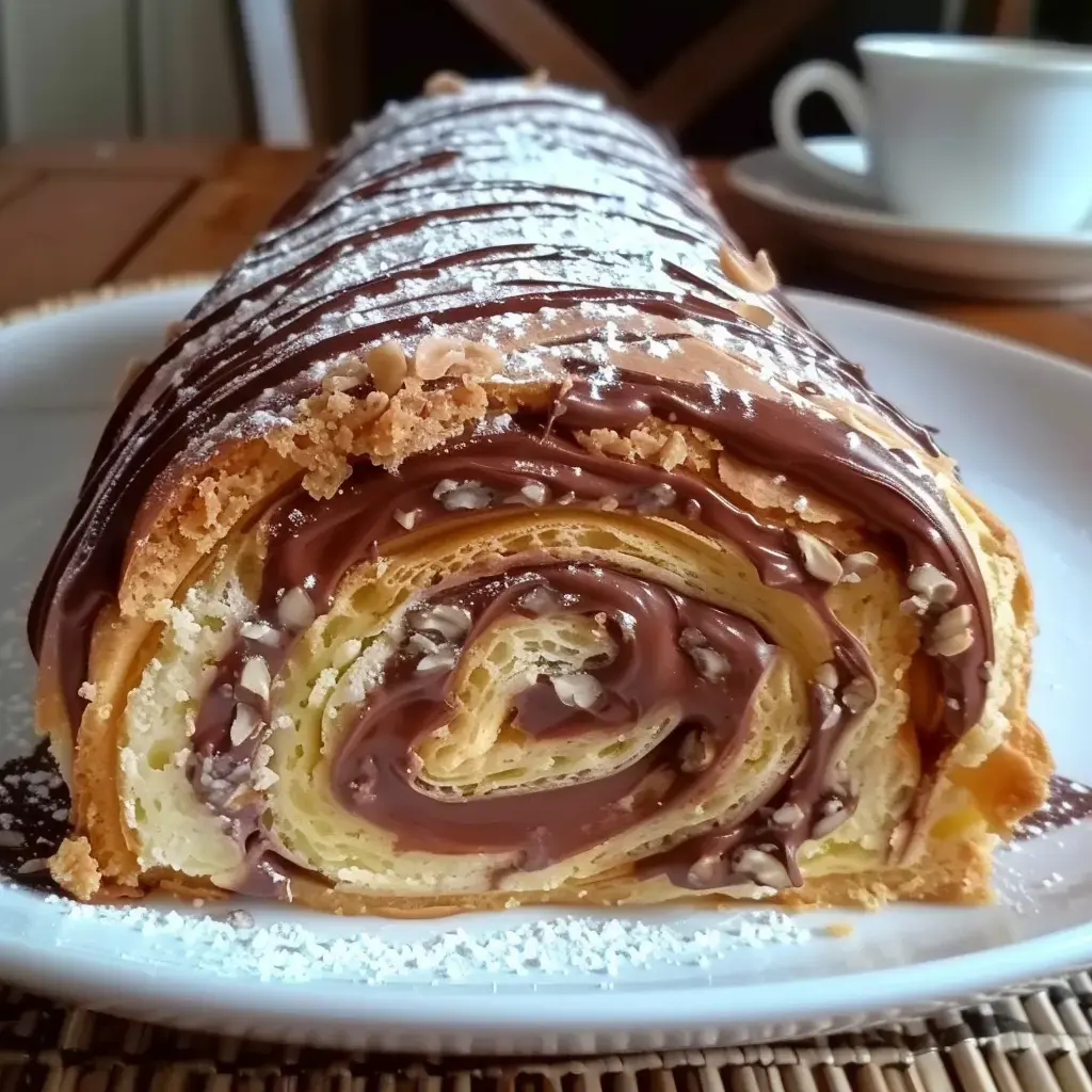 Bûche pâtissière garnie de crème au chocolat, décorée de copeaux et de sucre glace, servie dans une assiette.