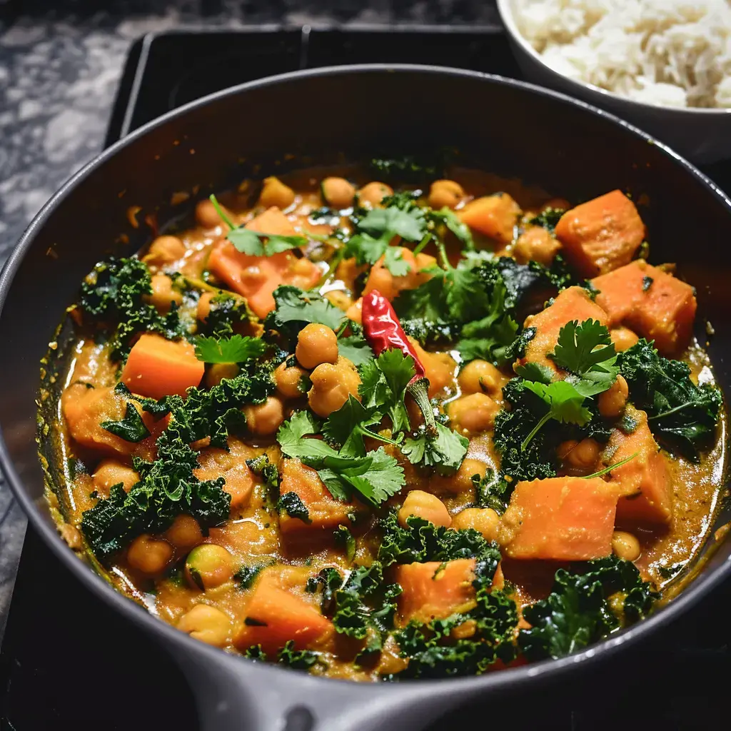 Un plat de curry avec des pois chiches, de la courge, du chou frisé et des herbes fraîchement garnies, accompagné d'un bol de riz blanc.