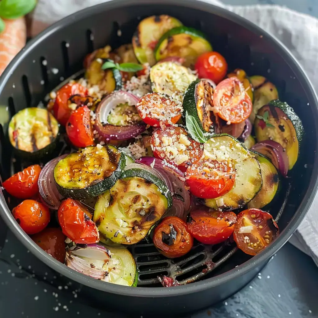 Mélange de légumes rôtis comprenant des courgettes, des tomates cerises et des oignons, assaisonné de fromage et de basilic, dans un panier noir.