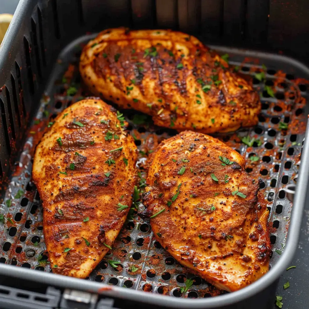 Filets de poulet assaisonnés et grillés, présentés dans un panier d'air fryer.