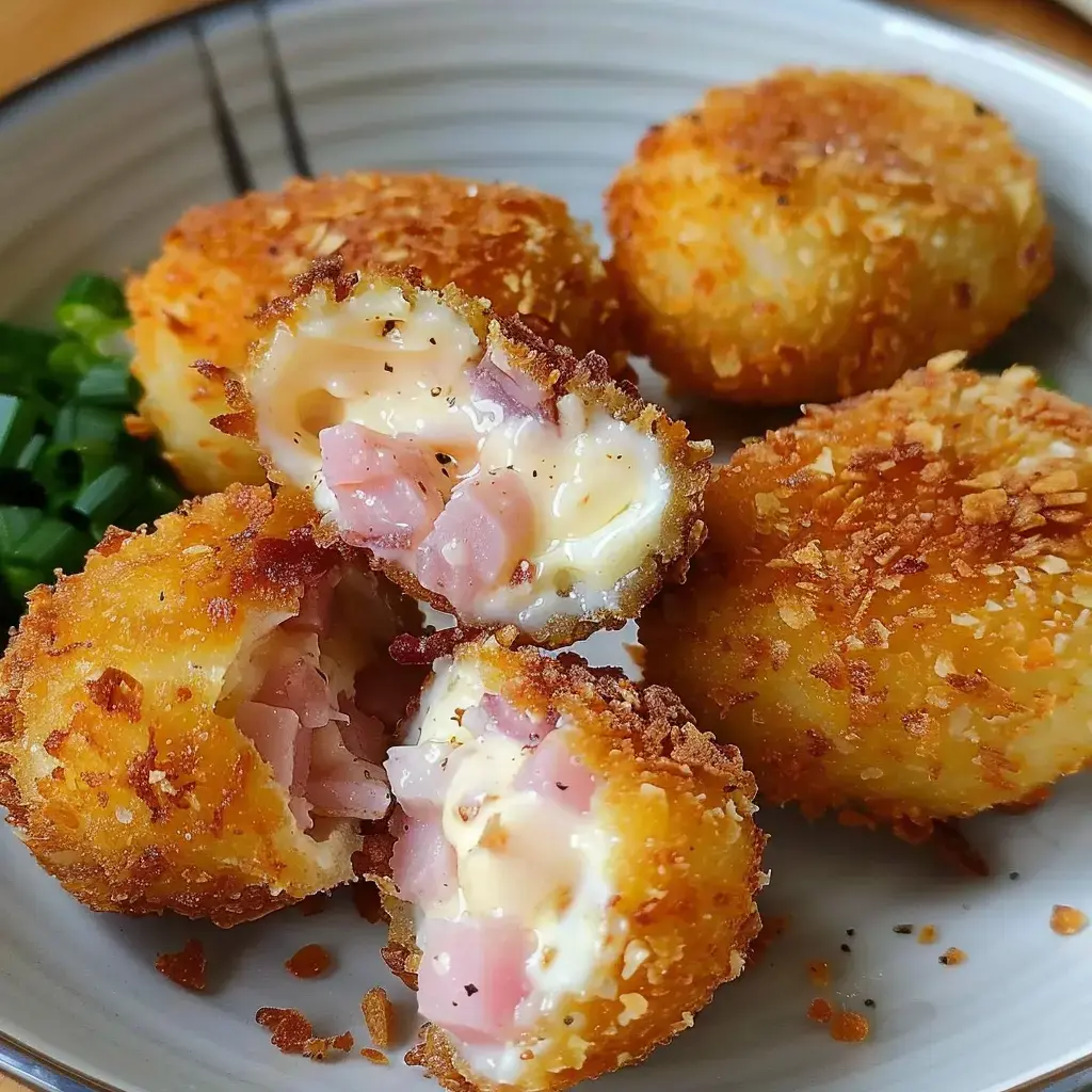 Des croquettes dorées au pain, farcies de jambon et de fromage, accompagnées de ciboulette.