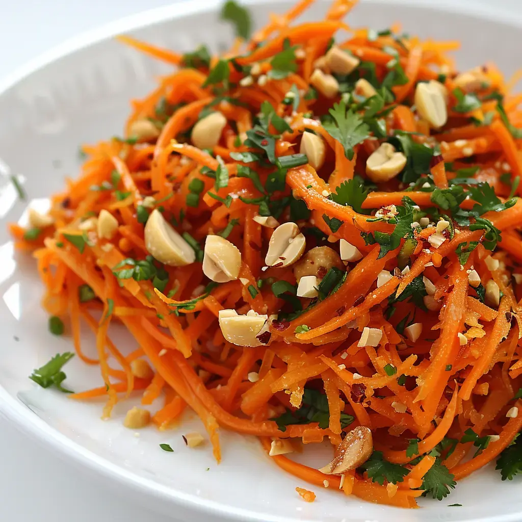 Une salade de carottes râpées garnie de coriandre et de cacahuètes.