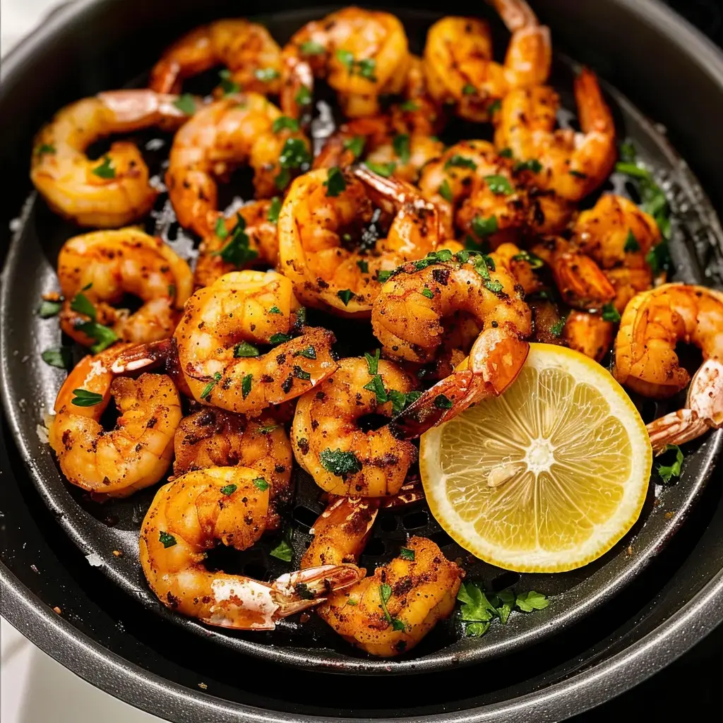 Gambas épicées garnies de persil, servies avec une rondelle de citron dans un plat noir.