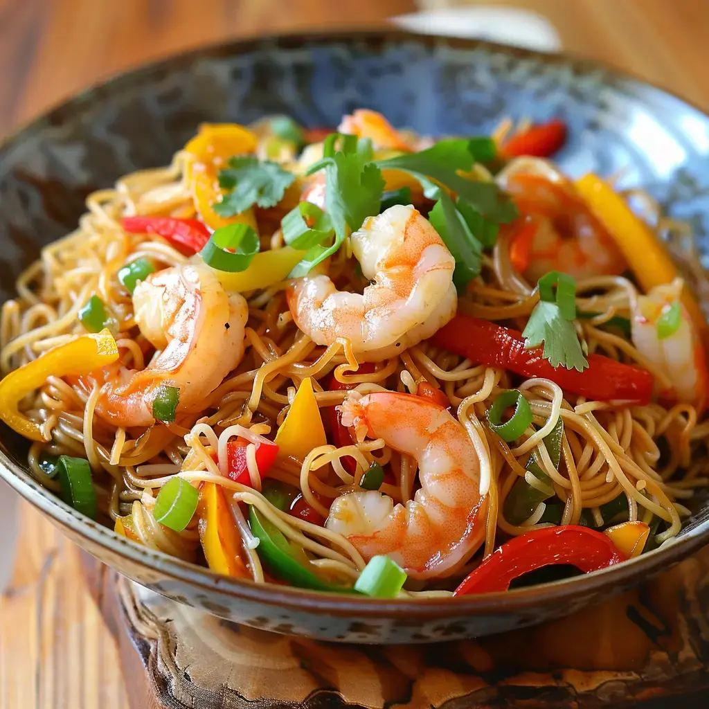 Un plat de nouilles garnies de crevettes et de légumes colorés dans un bol.