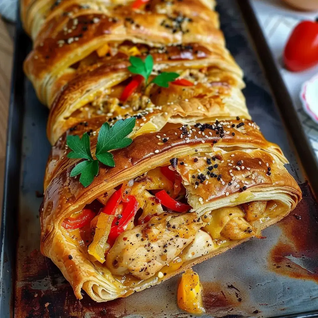 Un feuilleté doré farci au poulet, poivrons rouges et jaunes, garni de graines et de persil.