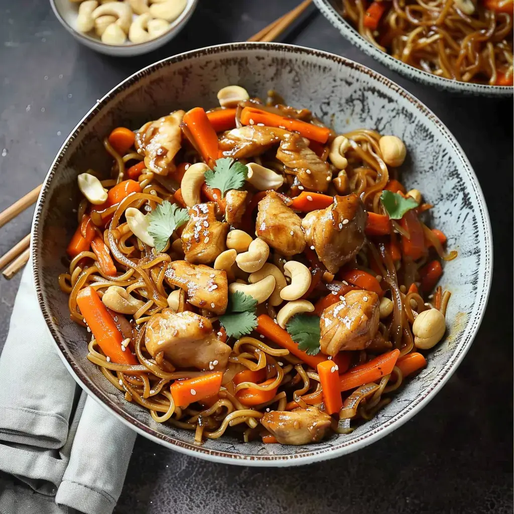 Un bol de nouilles avec du poulet, des carottes, des noix de cajou et de la coriandre, garni de graines de sésame.