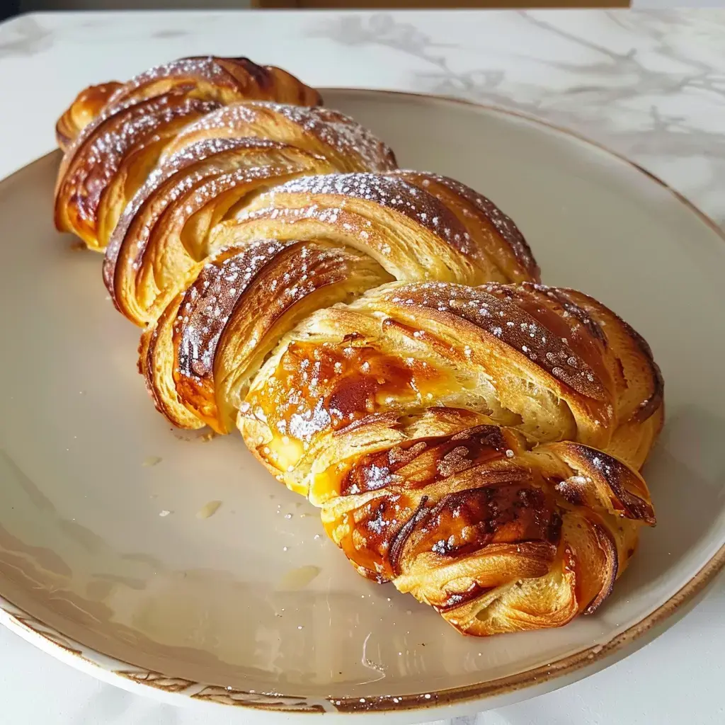 Une brioche tressée dorée et saupoudrée de sucre glace sur une assiette.