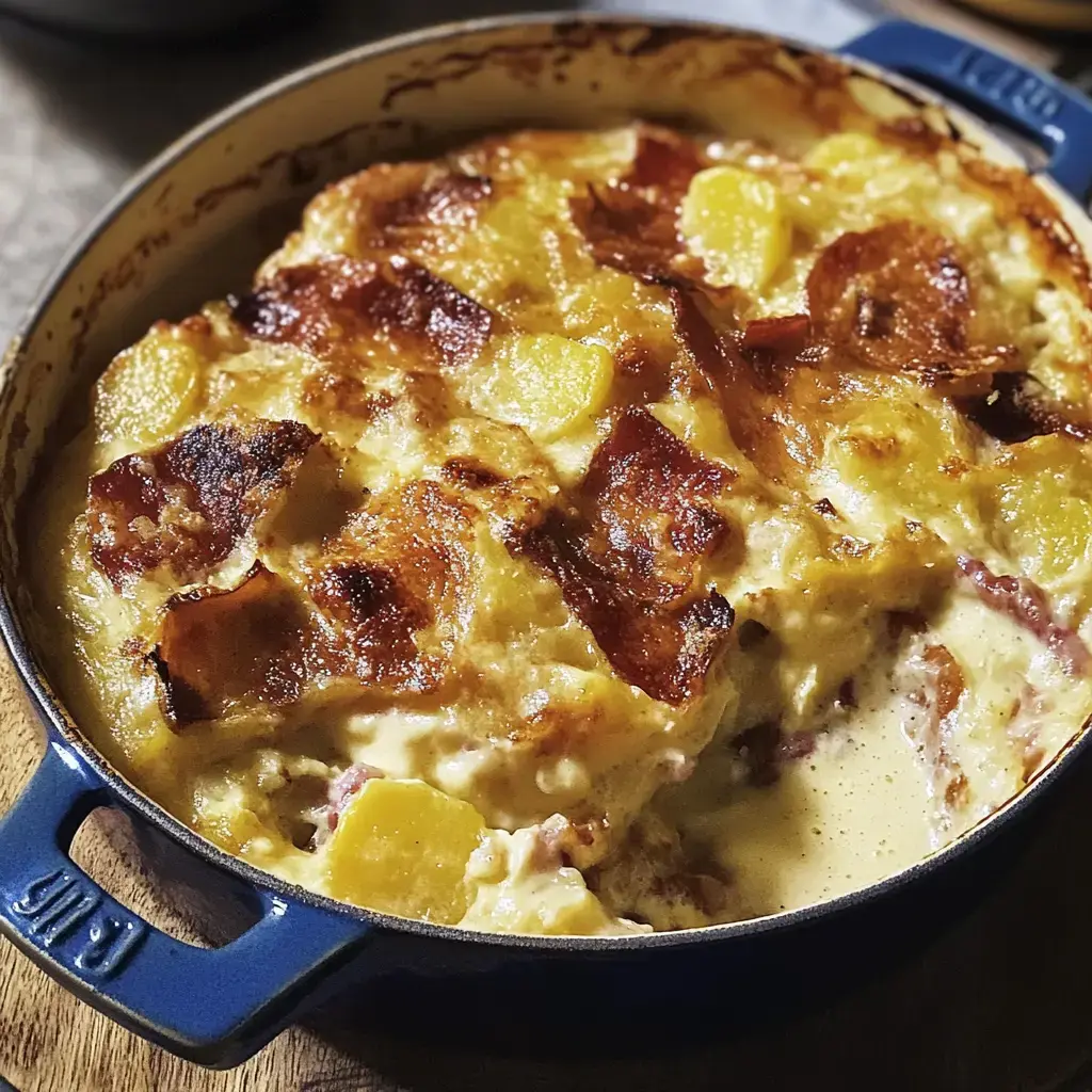 Un plat de gratin de pommes de terre doré à la surface, dans une cocotte en fonte bleue.