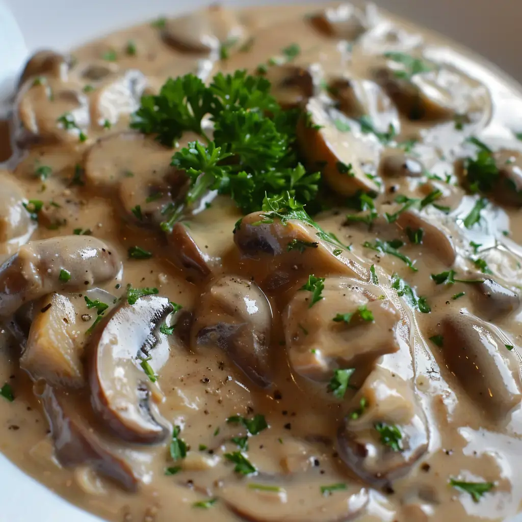 Une assiette de champignons crémeux garnis de persil frais.