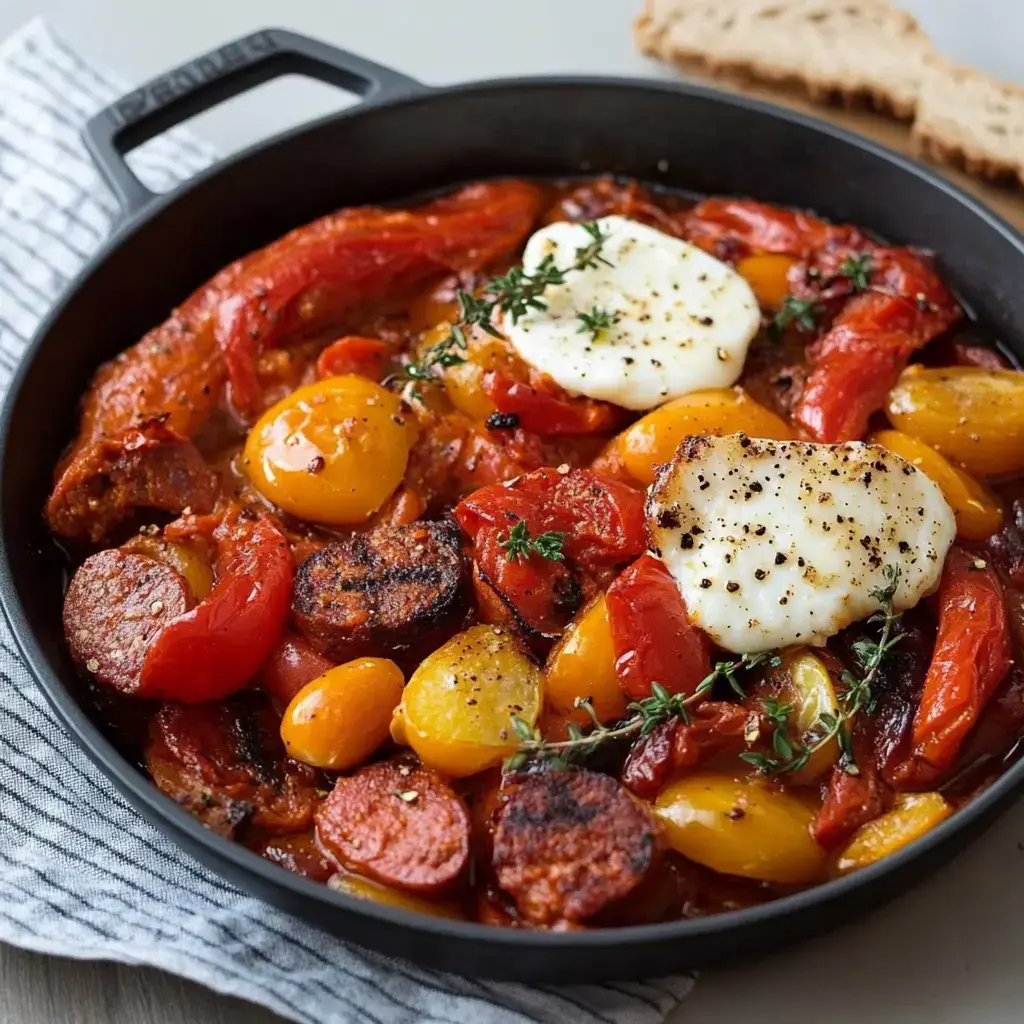 Une poêle noire contient un plat coloré de tomates, poivrons, chorizo et œufs, garni de thym, accompagné de pain.