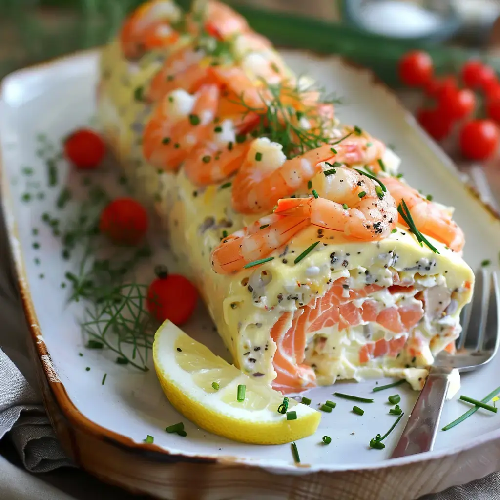 Un rouleau de saumon garni de crevettes sur un plat, décoré de fines herbes et de quartiers de citron.