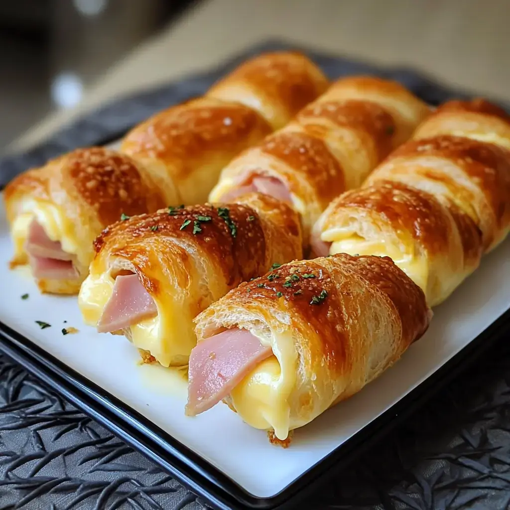 Des rouleaux feuilletés garnis de jambon et de fromage, présentés sur une assiette noire.