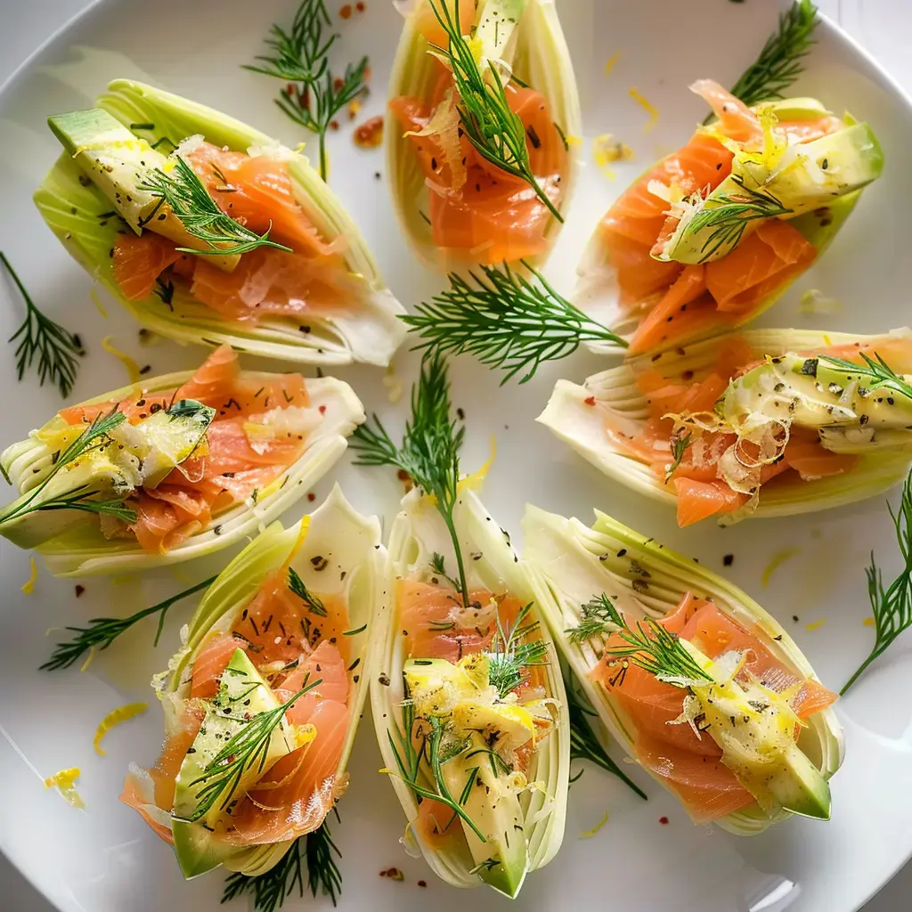 Assiette de verrines créatives à base de laitue, saumon fumé, crème, herbes et zestes de citron.