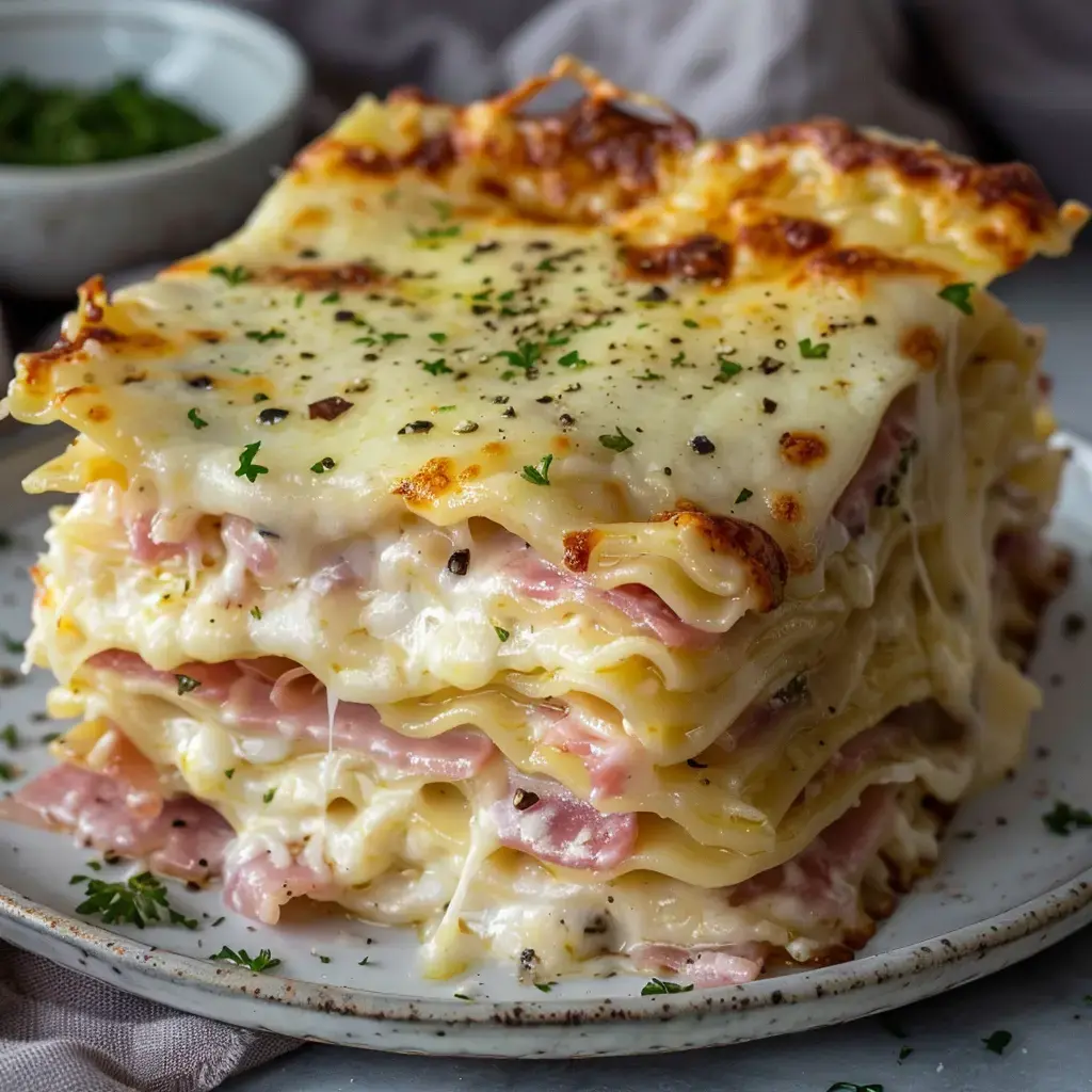 Une lasagne à la béchamel et au jambon, garnie de fromage doré et de persil, est présentée dans une assiette.