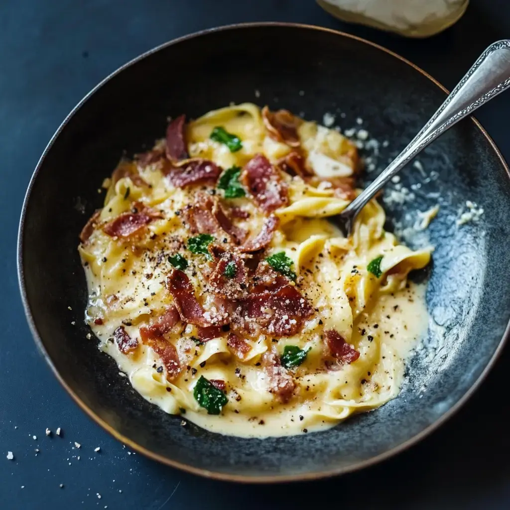 Un bol de pâtes crémeuses garnies de morceaux de bacon, de parmesan et de feuilles de basilic.