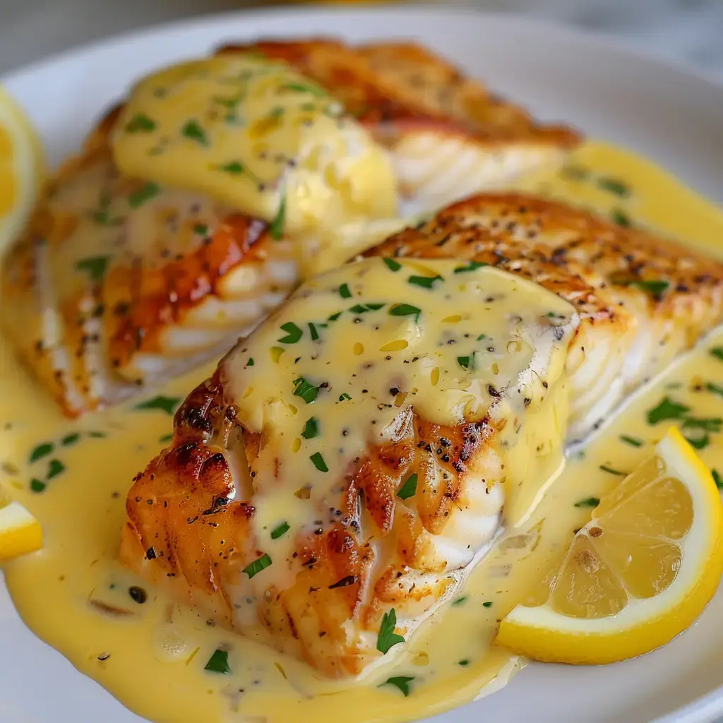 Filets de poisson nappés d'une sauce jaune crémeuse, garnis de persil et accompagnés de quartiers de citron.