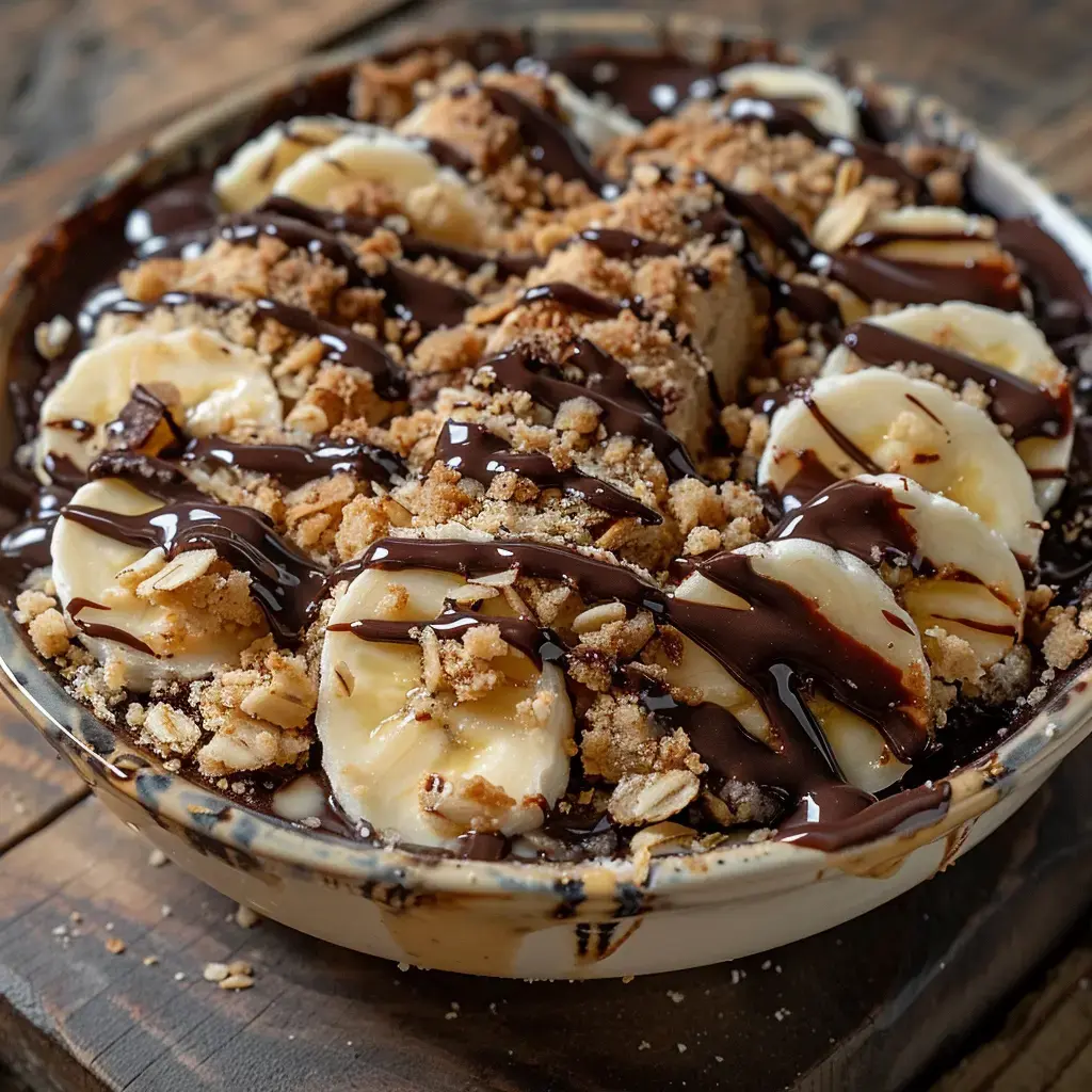 Un bol de dessert garni de bananes, chocolat fondu, miettes de biscuits et flocons d'avoine.