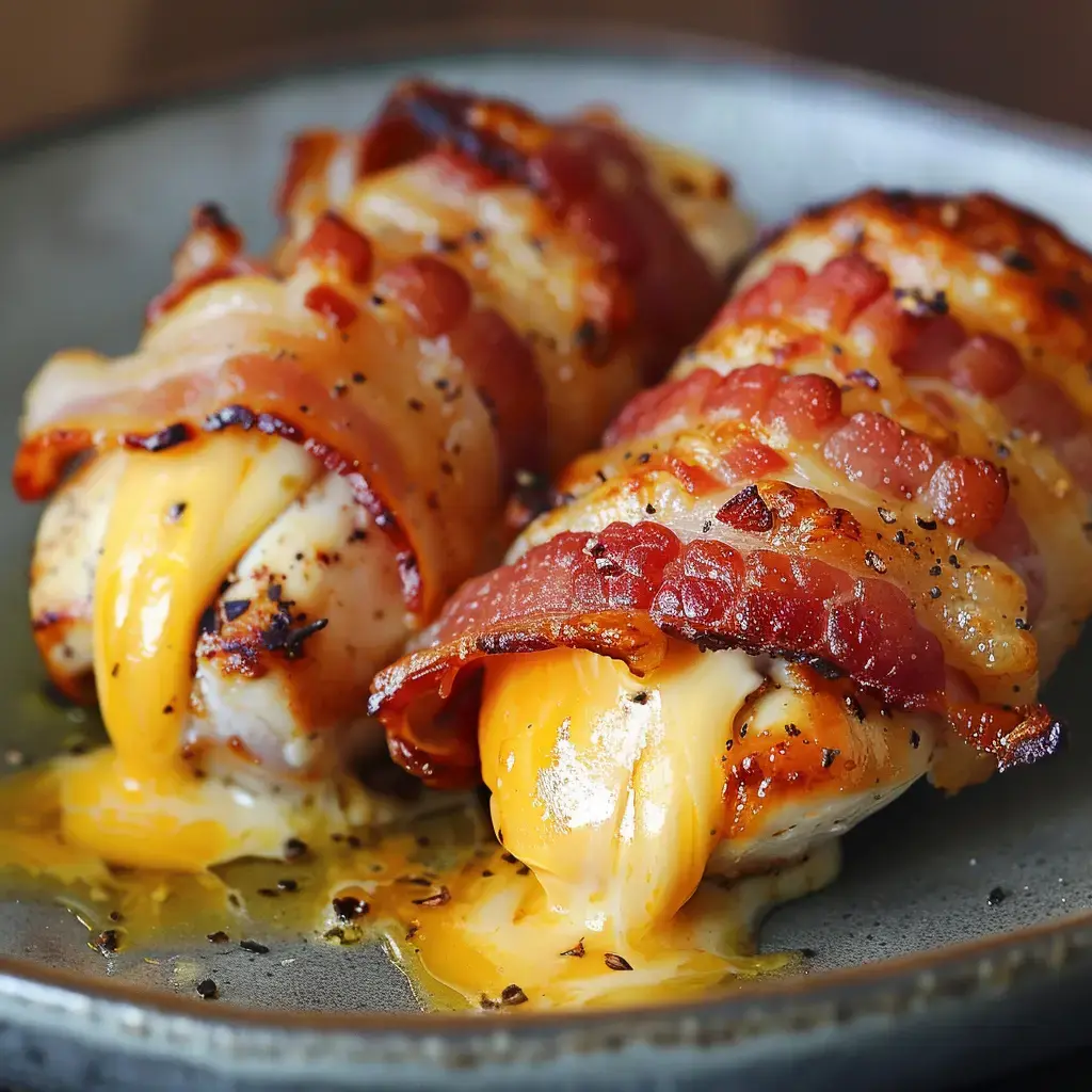 Deux morceaux de poulet enveloppés de bacon, avec du fromage fondu s'écoulant sur une assiette.