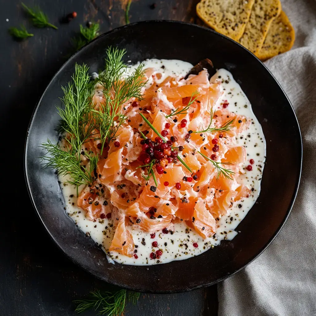 Salade de saumon fumé garnie de baies roses et d'aneth, servie dans une sauce crémeuse.