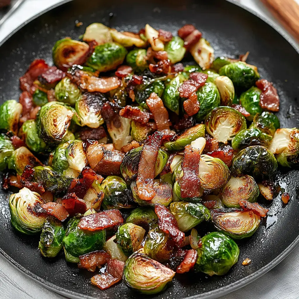 Une poêle contenant des choux de Bruxelles sautés avec des morceaux de bacon croustillant.