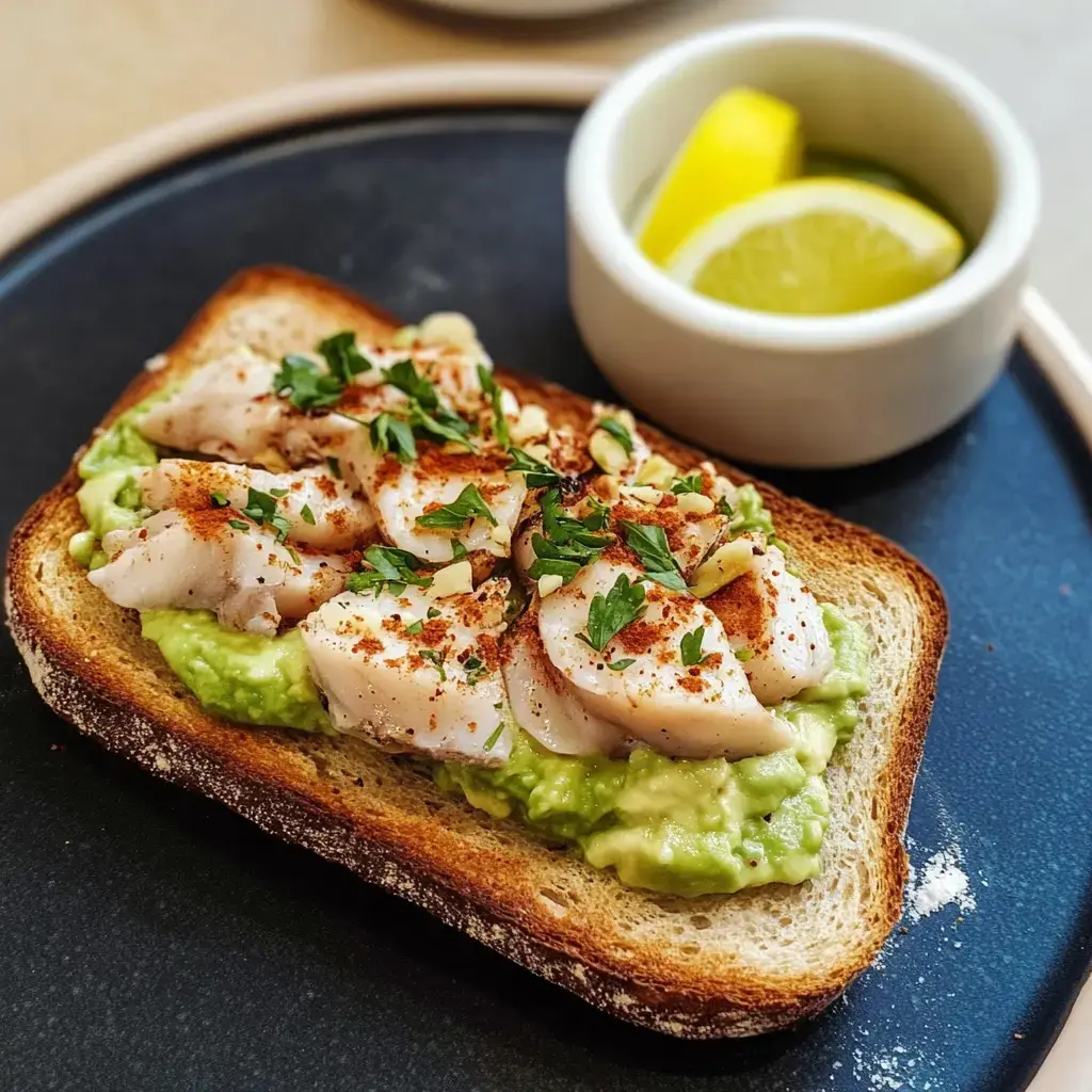 Une tranche de pain grillé garnie d'avocat, de morceaux de poisson, de noix, de coriandre et d'épices, accompagnée d'un citron vert.