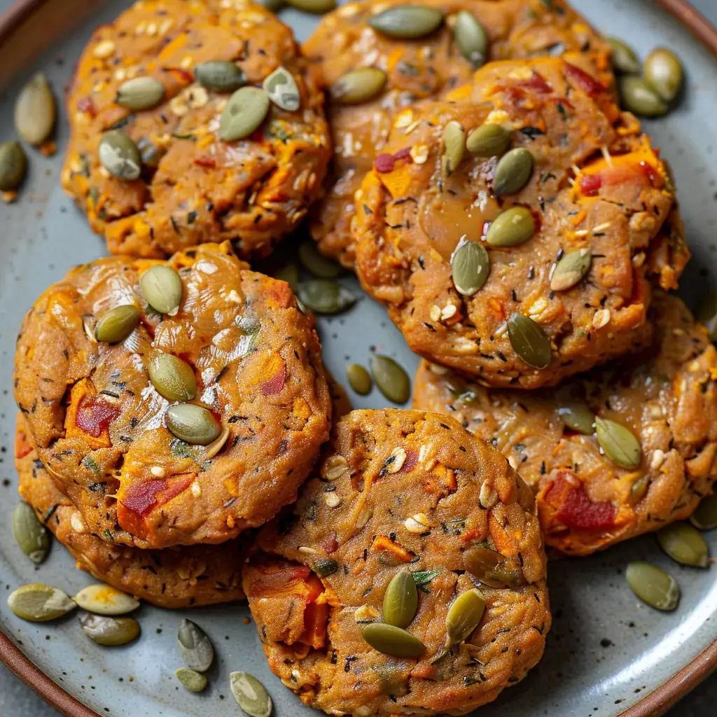 Des biscuits colorés à base de légumes, garnis de graines de courge, sont présentés sur une assiette.