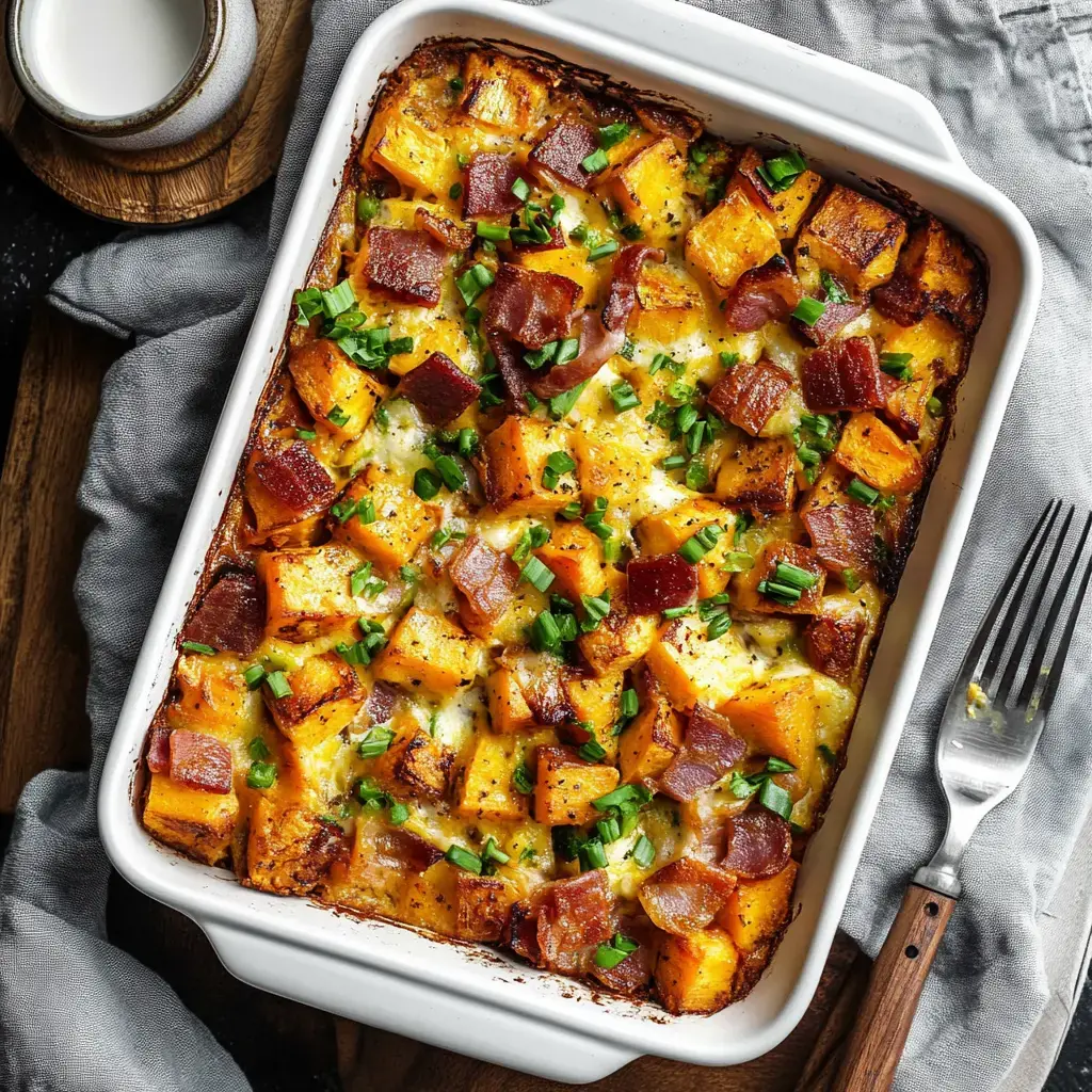 Plat de légumes rôtis, comprenant des cubes de courge butternut et de bacon, garnis de ciboulette, servi dans un plat blanc avec un verre de lait à côté.