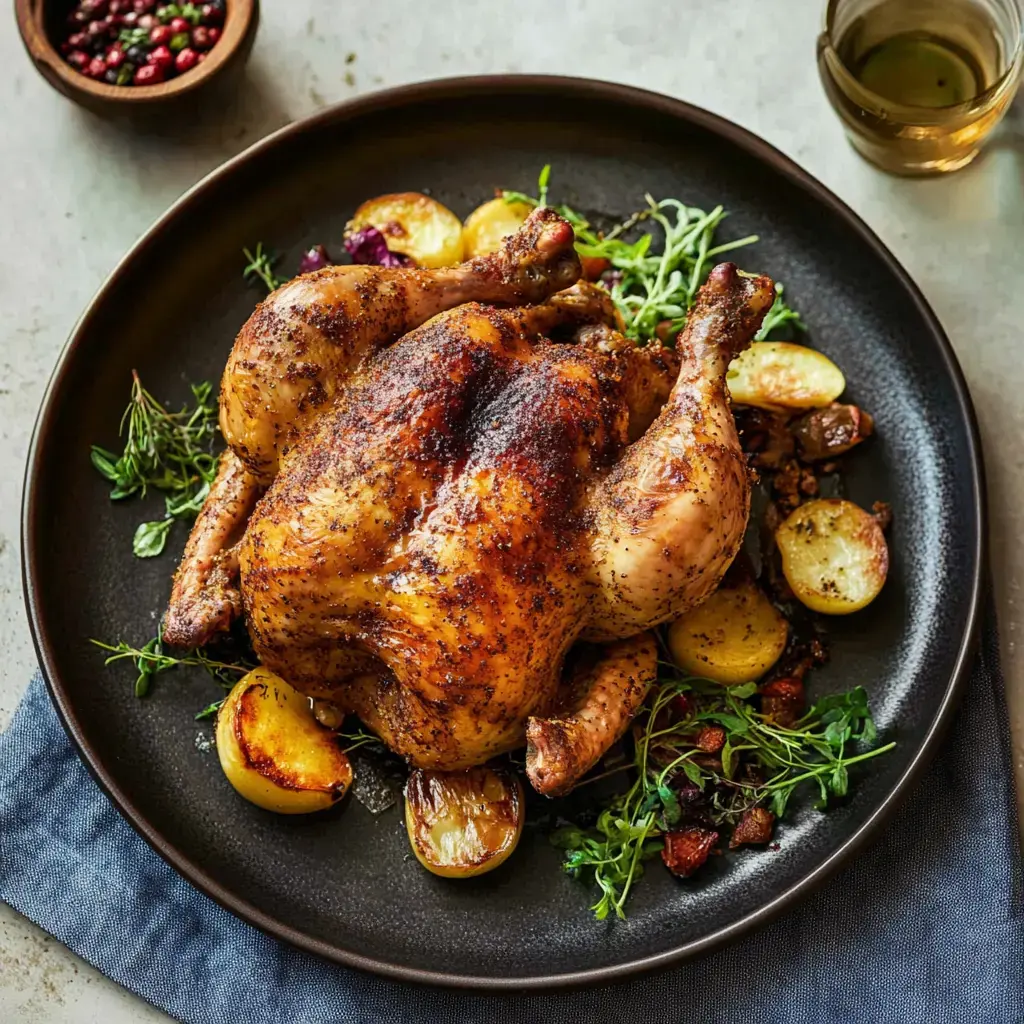 Un poulet rôti doré est servi avec des pommes de terre rôties et des herbes fraîches sur une assiette noire.