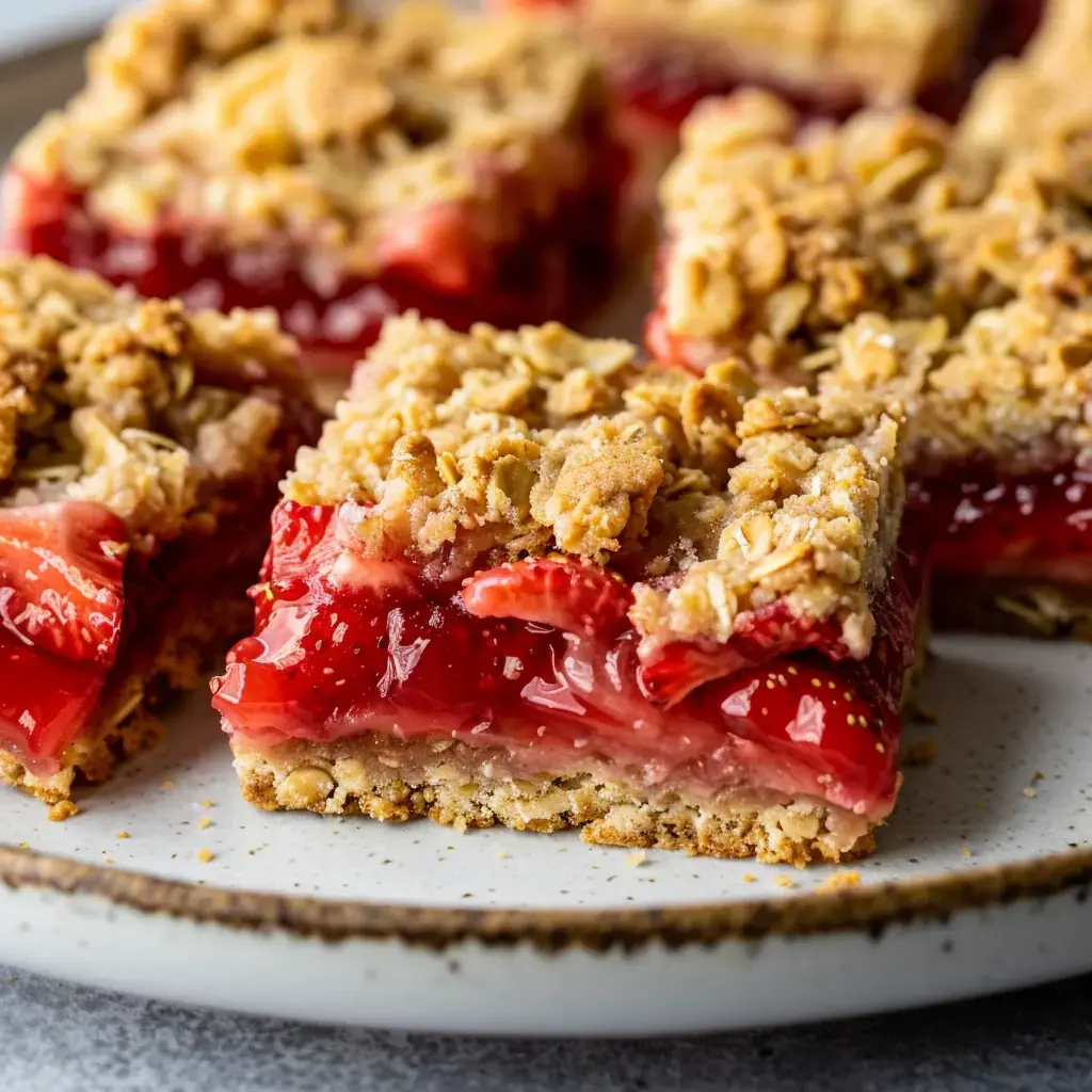 Des barres de fraises garnies de flocons d'avoine sur une assiette.