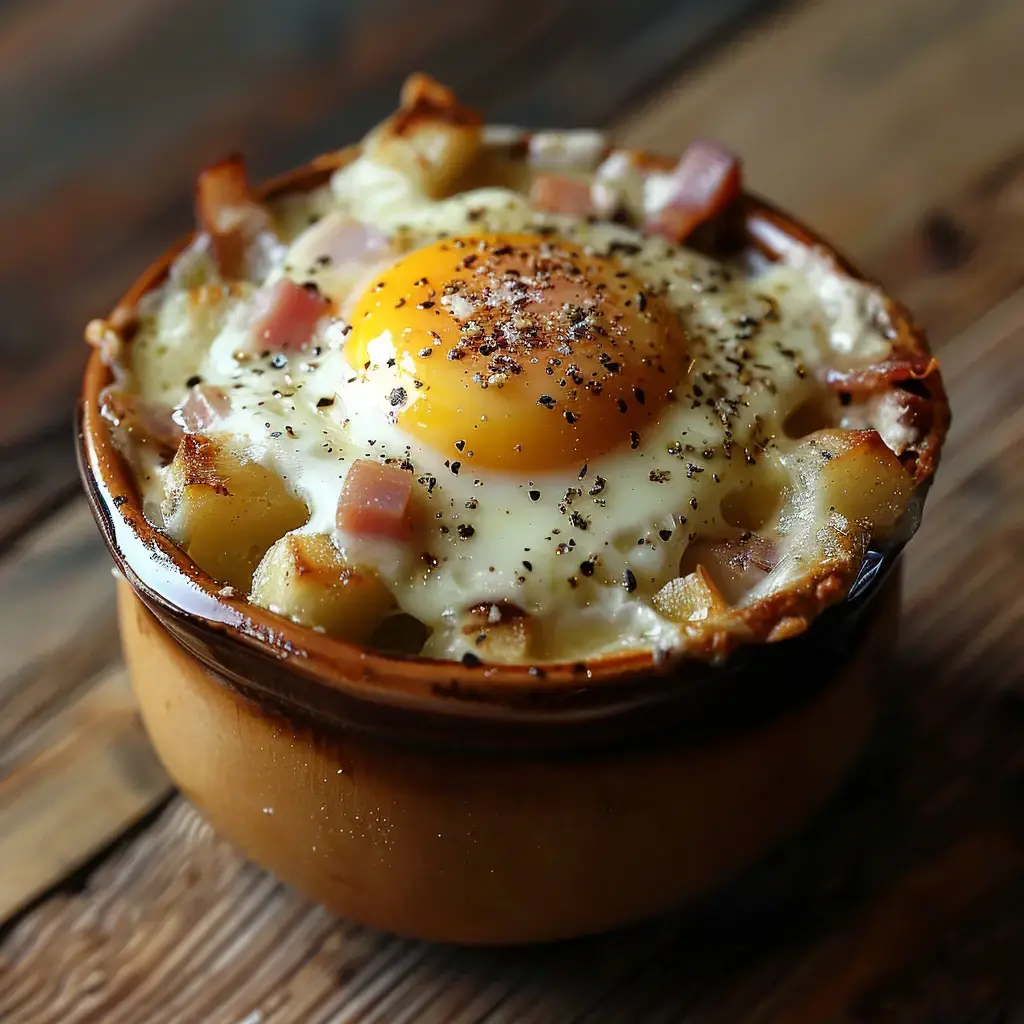 Un plat de pommes de terre, jambon et œuf cuit au four, servi dans un bol en terre cuite.