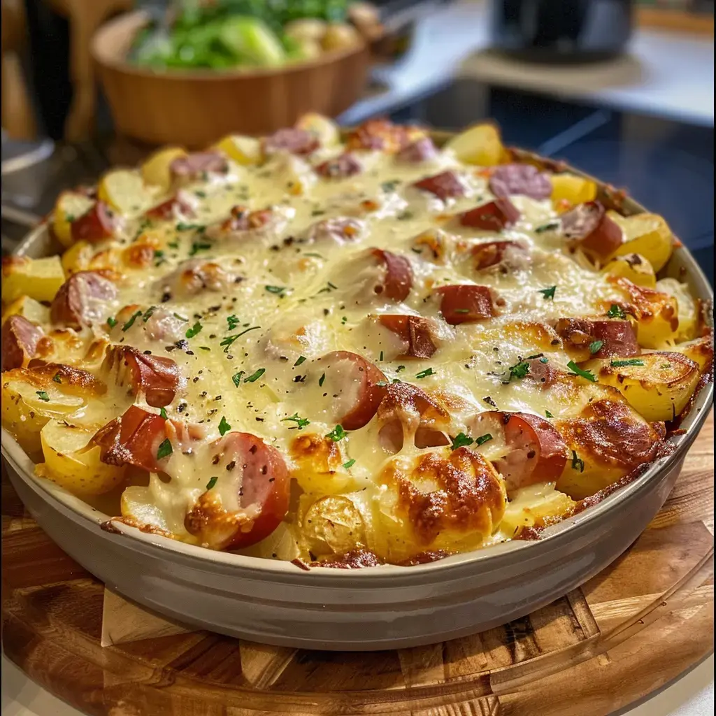 Un plat de pommes de terre au fromage et saucisse, gratiné et garni de ciboulette, est présenté dans un plat en céramique.